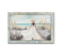 Grande décoration murale côtière encadrée - Robe blanche marchant sur un chemin de plage avec océan et flore pour salon, chambre à coucher, bureau - 91,4 x 61 cm