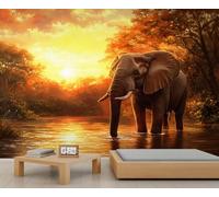 Grande décoration murale éléphant coucher de soleil - Papier peint mural pour chambre à coucher - 200 x 200 cm - Ne se décolle pas et ne colle pas