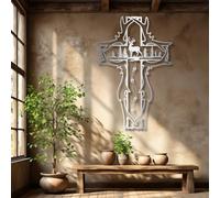 Grande décoration Murale en métal épais, représentant Une Croix, des Cerfs et des Arbres dans Une forêt. Décoration Religieuse et spirituelle Rustique inspirée de Jésus, idéale pour Une église, Un bu