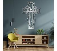 Grande décoration Murale en métal épais, représentant Une Croix, des Cerfs et des Arbres dans Une forêt. Décoration Murale Religieuse et spirituelle Rustique représentant Jésus, idéale pour Une églis