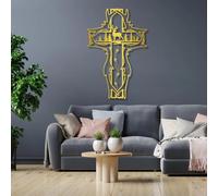 Grande décoration Murale en métal épais, représentant Une Croix, des Cerfs et des Arbres dans Une forêt. Décoration Murale Religieuse et Rustique représentant Jésus, idéale pour Une église, Un Bureau
