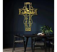 Grande décoration Murale en métal épais, représentant Une Croix, des Cerfs et des Arbres dans Une forêt. Décoration Murale Religieuse et Rustique représentant Jésus, idéale pour Une église, Un Bureau
