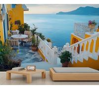 Grande décoration murale paysage italien - 400 x 280 cm - Mer Méditerranée - Grand papier peint floral et plantes vertes - Décoration murale pour chambre à coucher - Décoration murale italienne (ne