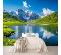 Grande décoration murale personnalisée, motif montagne, lac, sommet enneigé, vert prairie, scène naturelle, papier peint autocollant amovible pour salon, chambre à coucher, bureau