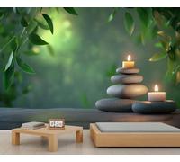 Grande décoration murale zen, pierres et bougies, papier peint mural paysage naturel pour chambre à coucher, papier peint mural zen, 200 x 200 cm (ne pas décoller et coller)