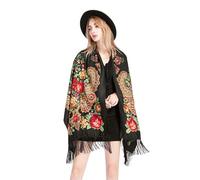 Grande écharpe chaude pour femme - À franges - Polyvalente - Style folklorique - Boho - Motif floral - Motif cachemire - Poncho d'automne pour marché de Noël, Style #n01 noir, taille unique