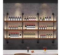 Grande étagère murale flottante en bois rustique à 3 niveaux avec design de tuyau pour exposer et ranger des bouteilles d'alcool dans la salle à manger (noyer, 220 cm)