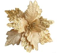 Grande fleur de Noël en velours à paillettes 27 cm | Or pour une finition champagne, mélange de tissu chatoyant, tiges en plastique, lueur festive