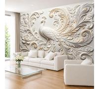 Grande Fresque Murale 3D Représentant Un Paon, 500 × 350 cm, Papier Peint Photo Intissé, Motif Floral Paon Blanc et Doré et Pivoines, pour La Décoration Intérieure De La Maison, 500 × 350 cm
