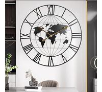 Grande horloge murale en métal minimaliste moderne avec carte du monde, ronde, décorative, silencieuse, sans tic-tac, fonctionne à piles pour salon, entrée, cuisine, chambre, bureau, école (61 cm)