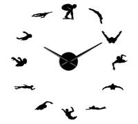 Grande horloge murale moderne sur le thème de la natation à faire soi-même avec miroir autocollant de nageur et chiffres - Art mural décoratif - Cadeau de nageur (noir, 94 cm)