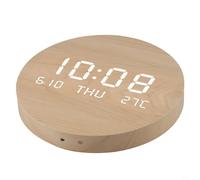 Grande horloge murale numérique en bois avec affichage LED, affichage de l'heure, de la date, de la température, horloge murale ronde silencieuse pour salon, chambre à coucher, alimentée sur secteur