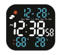 Grande horloge murale numérique LCD avec prévisions météo, affichage de la température et de l'humidité en temps réel, luminosité réglable, double fonction alarme, snooze, design moderne, plusieurs