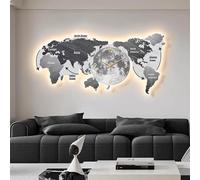 Grande Horloge Murale silencieuse avec éclairage, décoration Murale créative pour Le Salon, Fonctionne sur Piles, Style Facile à Lire avec Une Carte du Monde Murale, Accessoire par