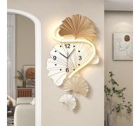 Grande Horloge Murale Silencieuse,Magnifique Horloge Murale avec Éclairage LED,Décoration 3D Créative en Métal en Forme de Feuille de Ginkgo,pour le Bureau le Salon ou la Chambre(Brown,45x76cm)