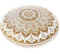 Grande housse de coussin de plancher de 81,3 cm à motif mandala, jeté de coussin de méditation rond coloré décoratif bohème chic indien pouf ottoman fait main uniquement (ombre-blanc doré)