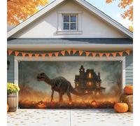 Grande housse de porte de garage motif dinosaure d'Halloween, maison hantée effrayante, décoration de porte de garage, décoration de fond de fête en plein air, 397 x 180 cm
