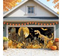 Grande housse de porte de garage motif dinosaure pour Halloween, scène urbaine effrayante, décoration de fête d'automne intérieure et extérieure, 397 x 180 cm