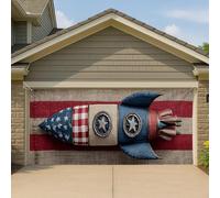 Grande housse de porte de garage patriotique vintage fusée spatiale américaine, décoration de fête extérieure traditionnelle américaine, décoration d'été du 4 juillet, 400 x 180 cm