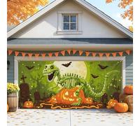Grande housse de porte de garage pour Halloween, motif dinosaure, citrouille verte, décoration de porte de garage, décoration de fête d'automne effrayante, 397 x 180 cm