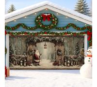Grande housse de porte de garage rustique Père Noël - Décoration vintage pour Noël, hiver, intérieur et extérieur - 400 x 180 cm