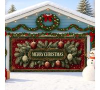Grande housse de porte de garage vintage de Noël, pommes de pin rouges, décorations de porte de garage, décoration extérieure de fête de Noël, 397 x 180 cm
