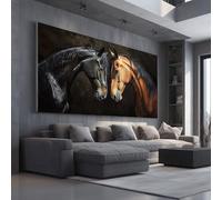 Grande Impression sur Toile Animaux Cheval Tableau Mural Ferme Couple Pour Salon Moderne, Art Decoratif Campagne Étalon Photo pour Chambre Cadre en Bois 60x120 cm