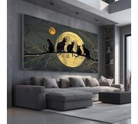 Grande Impression sur Toile Halloween Chat Tableau Mural Horreur Pleine Lune Pour Salon Moderne, Art Decoratif Effrayant Nuit Photo pour Chambre Sans Cadre 60x120 cm