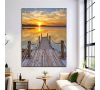 Grande Impression Sur Toile Jetée Sunset - Décoration Tableau Murale Lac Naturel Avec Jaune Moutarde Art Murale Poster Pour Salon Chambre Bureau, 80X120Cm, Sans Cadre