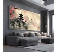 Grande Impression sur Toile Style Japonais Pagode Tableau Mural Peinture à lencre Fleur de Cerisier Pour Salon Moderne, Art Decoratif Vintage Montagne Photo pour Chambre Sans Cadre 60x120 cm