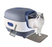 Grande litière pour chat avec pelle à litière pliable avec couvercle, entrée et sortie avant, anti-fuite, contrôle des odeurs, facile à nettoyer (bleu)