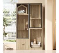 Grande maison de chat en verre à 4 étages - Villa pour chat en bois avec poteaux à griffer, résistant aux intempéries et à l'hiver - Pour l'intérieur et l'extérieur - Couleur bois d'érable jaune - 90