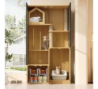 Grande maison de chat en verre à 4 étages - Villa pour chat en bois avec poteaux à griffer, résistant aux intempéries et à l'hiver - Pour l'intérieur et l'extérieur - Couleur bois d'érable jaune - 90