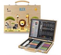 Grande mallette de dessin Safari personnalisée - Format 29 x 21,5 x 5 cm - Coffret artistique enfant avec impression UV - Motif savane & animaux - Set de dessin complet