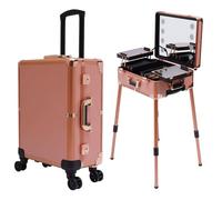 Grande mallette de maquillage à roulettes, table de train cosmétique avec 4 roues et lumières, station de maquillage professionnelle avec éclairage et plateaux - Mallette de maquillage pour