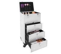 Grande mallette de maquillage professionnelle avec 3 tiroirs, roulettes pivotantes à 360° et poignée télescopique, verrouillable pour maquillage, argenté, Motif cubes d'eau
