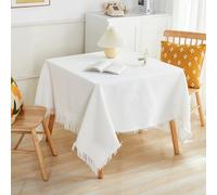 Grande nappe en coton et lin blanc tricoté résistant aux taches avec pompons - Décoration de table pour salle à manger, fête et événements - 180 x 340 cm