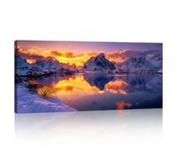 Grande Nature Paysage Tableau Murale Decoration, Cadre en Bois Coucher de Soleil Au-dessus Neige Montagnes Impression Sur Toile Peintures Sur Toile Mural Salon Tableau Decor Chambre accrocher 50x120CM
