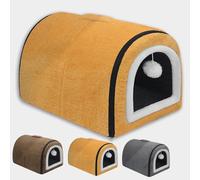 Grande niche 2 en 1 apaisante, luxueuse et chaude avec coussin de sommeil doux amovible, anti-anxiété, pliable, pour chat et chien, intérieur (jaune, 45 x 32 x 35 cm)