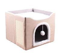 Grande niche pour chat pliable pour l'intérieur, grande niche pour chat avec balle F-Luffy suspendue et griffoir pour chats, petits chiens, chiots