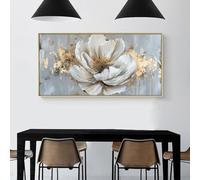 Grande peinture à l'huile encadrée avec fleur dorée sur affiche, art mural, impression sur toile abstraite, floral blanc, décoration de salon, maison, 60 x 145 cm (24 x 57 pouces) avec cadre doré