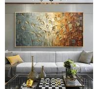 Grande peinture à l'huile sur toile représentant des feuilles et des fleurs abstraites, art nordique, affiches et impressions murales pour salon, maison, 65 x 125 cm (24 x 39 pouces) avec cadre doré