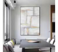Grande peinture abstraite sur toile grise et dorée - Décoration murale blanche pour salon - 80 x 120 cm - Cadre intérieur
