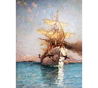 Grande peinture murale sur toile représentant un navire de Montenard Correze quittant le port de Toulon