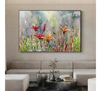 Grande peinture originale de paysage de fleurs naturelles peintes à la main, peinture florale abstraite, art mural de salon bohème 60x80cm sans cadre