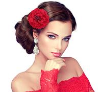 Grande pince à cheveux avec fleur bleue, pivoine artificielle, accessoire vintage rose rouge pour femmes, filles, fête, plage, mariage (rouge)