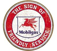 Grande plaque en métal rétro Mobil-Gas Oil The Sign of Friendly Service Gas Station - Décoration murale vintage - 30,5 x 30,5 cm
