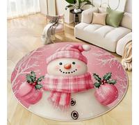 Grande Rond Tapis De Chambre À Coucher Décoration Lavable, Imprimé Bonhomme De Neige De Noël Forêt Peinte À L'Huile Interieur Antidérapant Douce Salon Tapis Rond D'Entrée, 80 Cm, Poudre Blush