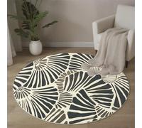 Grande Rond Tapis De Chambre À Coucher Décoration Lavable, Imprimé Lignes Abstraites En Forme D'Éventail Géométrie Rétro Interieur Antidérapant Douce Salon Tapis Rond D'Entrée, 80 Cm, Beige Noir