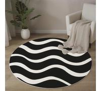 Grande Rond Tapis De Chambre À Coucher Décoration Lavable, Imprimé Vagues Modernes À Blocs Couleurs Géométrie Abstraite Interieur Antidérapant Douce Salon Tapis Rond D'Entrée, 80 Cm, Noir Blanc